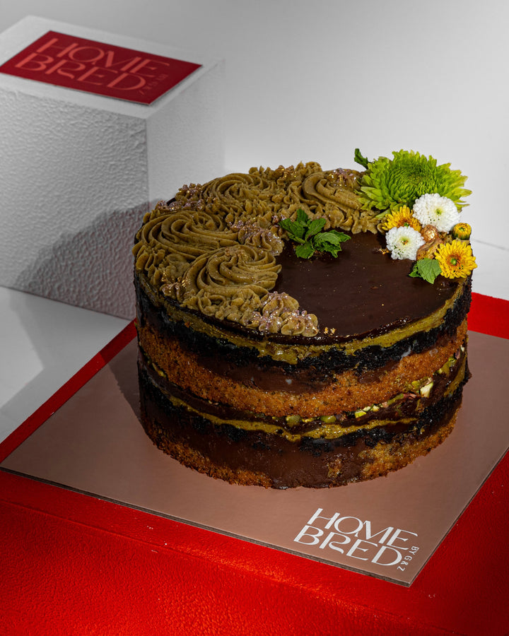 Pistachio & Dark Chocolate Fudge Cake