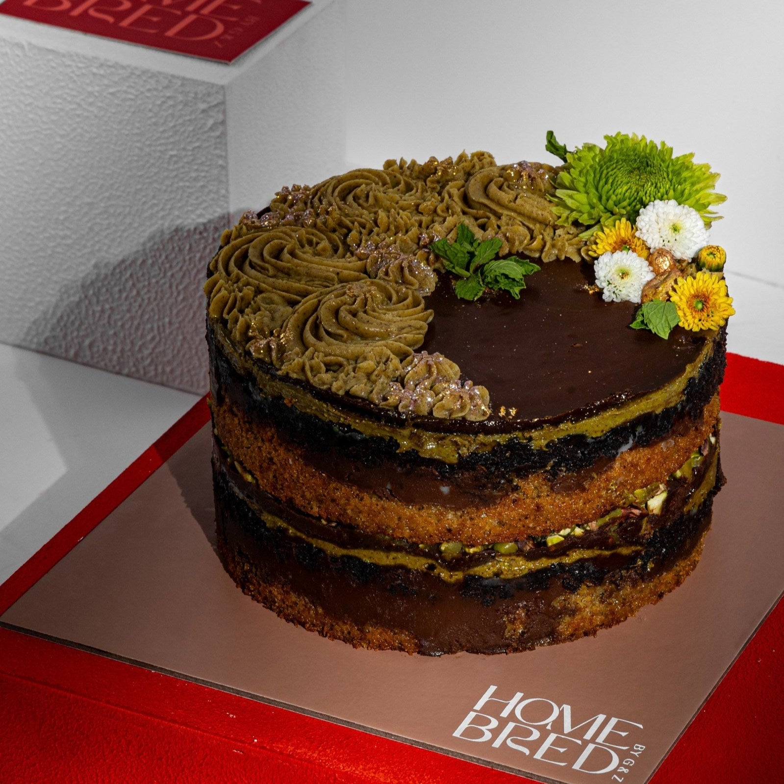 Pistachio & Dark Chocolate Fudge Cake